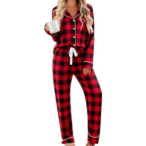 SWOMOG Women’s Pajama Sets Long Sleeve Button Down Sleepwear 2 Piece PJs Soft Lounge Sets with Pockets S-XXL(Red Plaid)