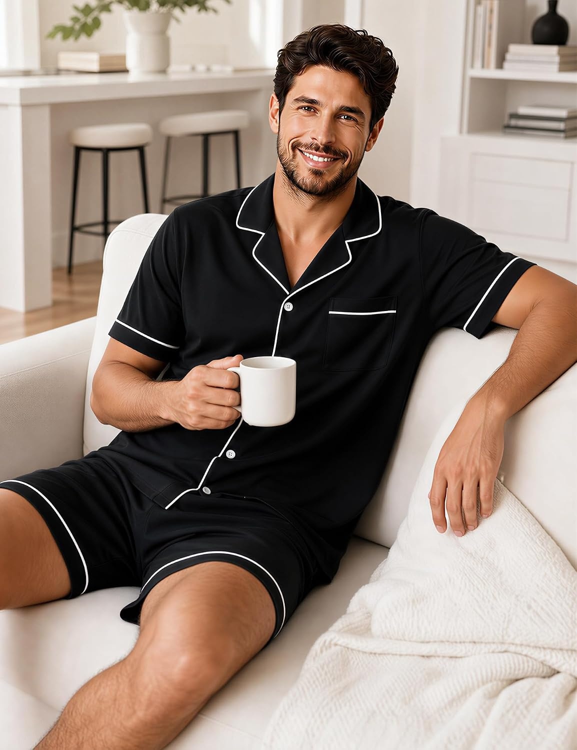 image:imageSWOMOG 100 Cotton Mens Pajama Set Short Sleeve Sleepwear Button Down Loungewear 2 PCS Cotton Pjs Set with PocketsBlack
