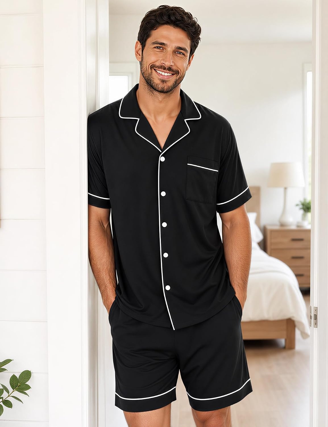 image:imageSWOMOG 100 Cotton Mens Pajama Set Short Sleeve Sleepwear Button Down Loungewear 2 PCS Cotton Pjs Set with PocketsBlack