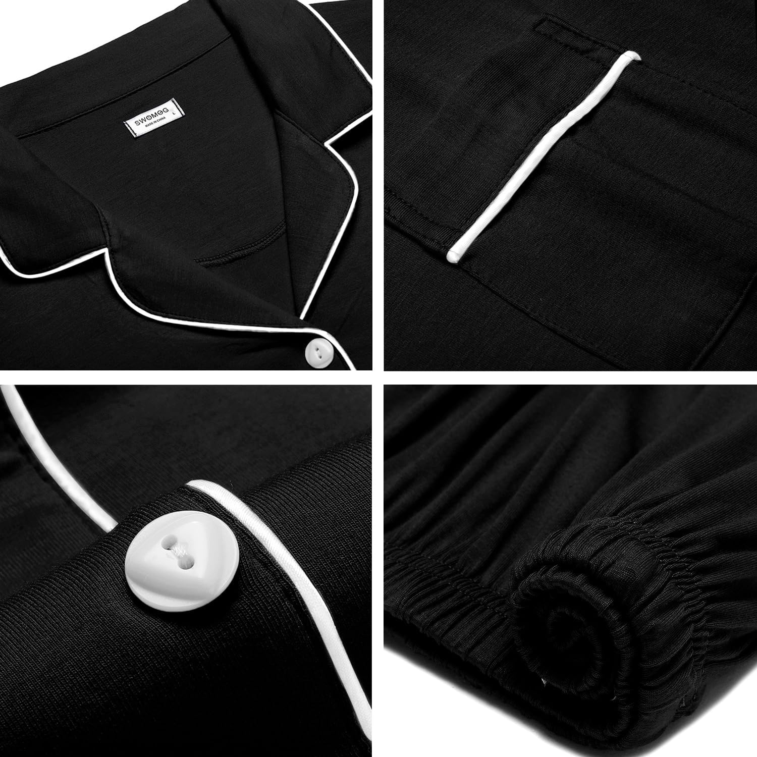 image:imageSWOMOG 100 Cotton Mens Pajama Set Short Sleeve Sleepwear Button Down Loungewear 2 PCS Cotton Pjs Set with PocketsBlack