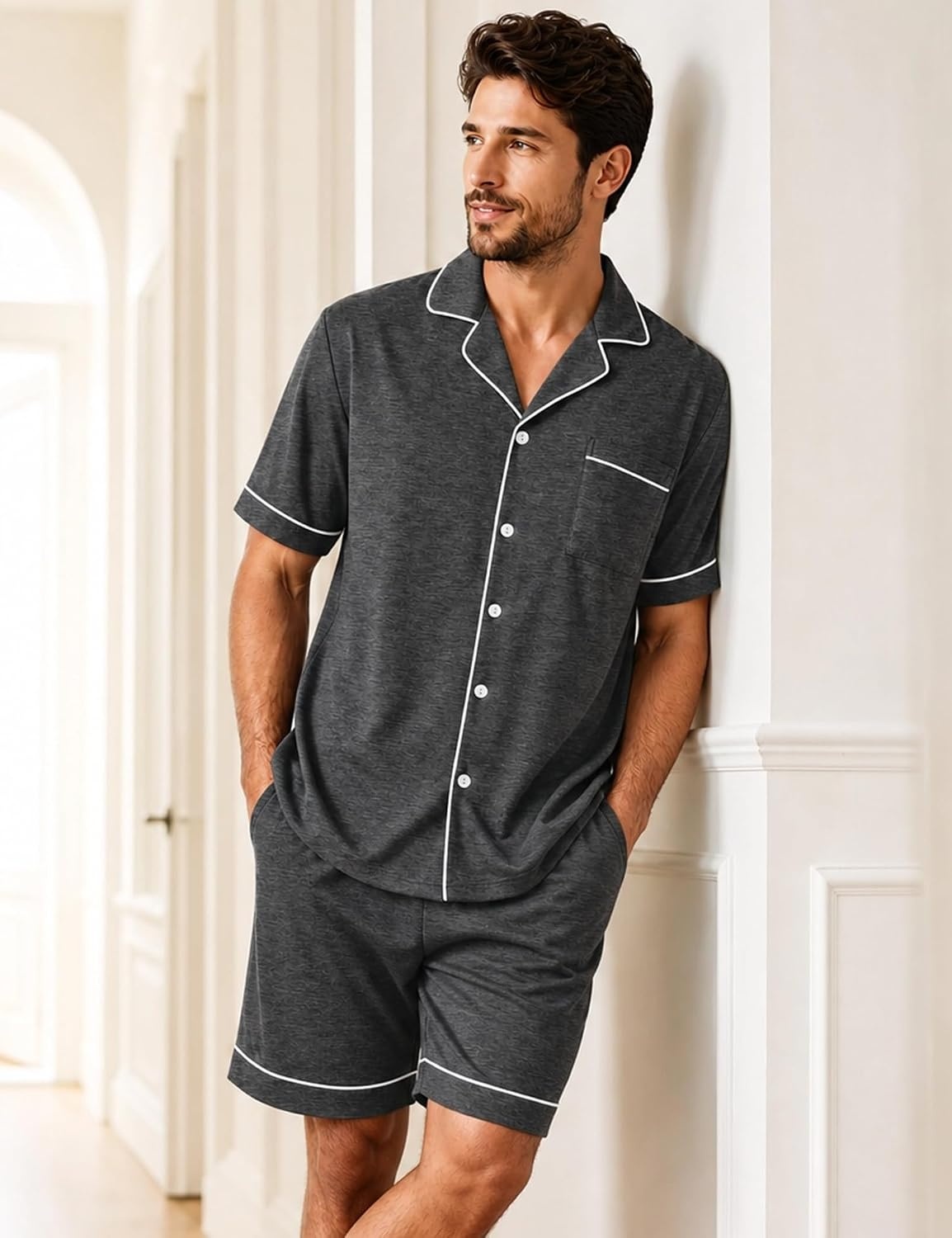 image:imageSWOMOG 100 Cotton Mens Pajama Set Short Sleeve Sleepwear Button Down Loungewear 2 PCS Cotton Pjs Set with PocketsDeep Grey