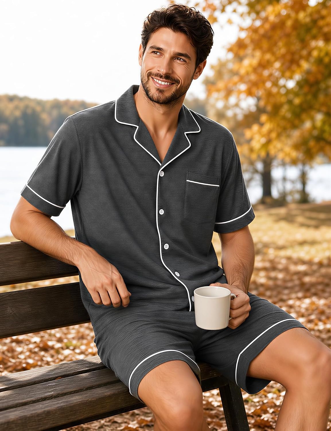 image:imageSWOMOG 100 Cotton Mens Pajama Set Short Sleeve Sleepwear Button Down Loungewear 2 PCS Cotton Pjs Set with PocketsDeep Grey