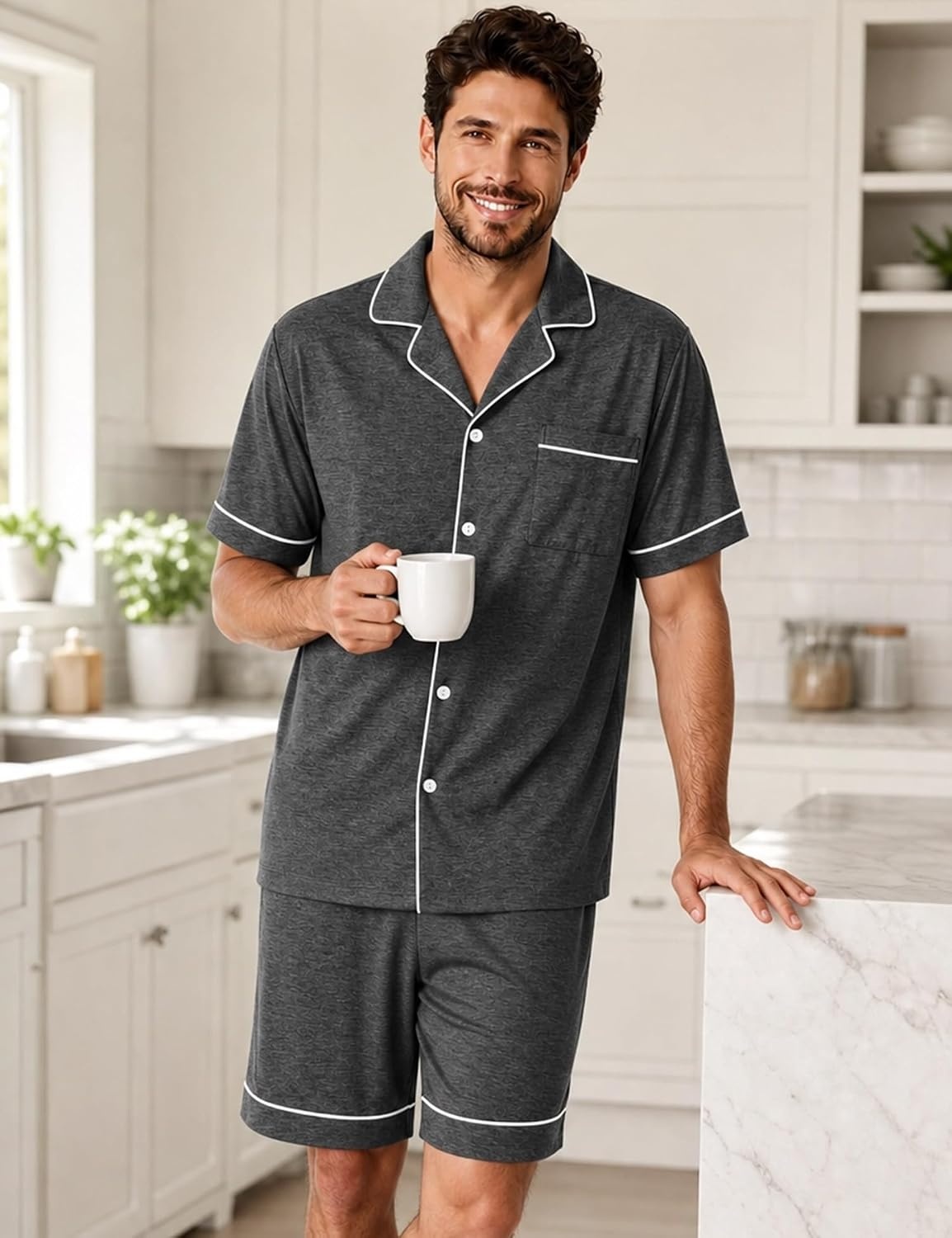 image:imageSWOMOG 100 Cotton Mens Pajama Set Short Sleeve Sleepwear Button Down Loungewear 2 PCS Cotton Pjs Set with PocketsDeep Grey