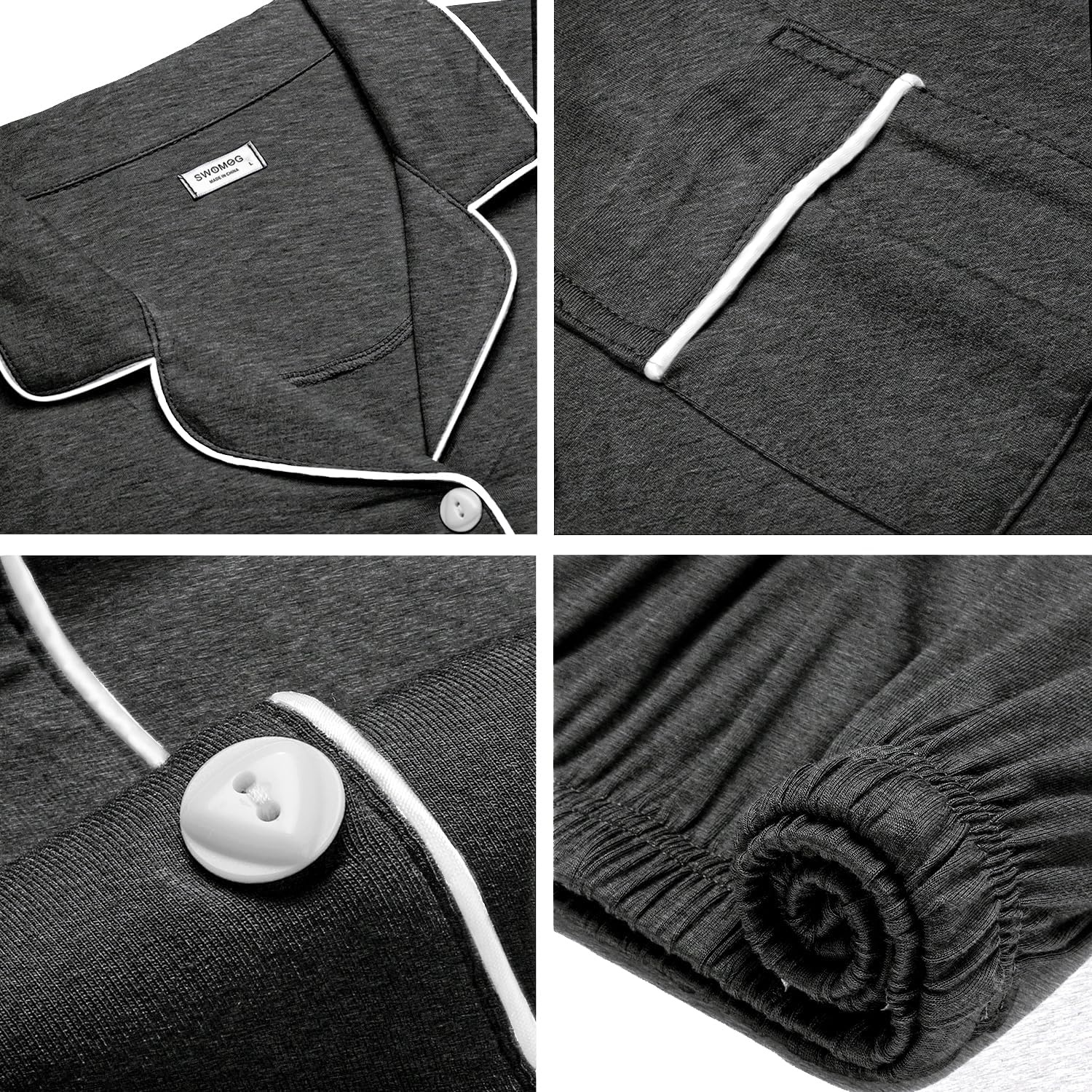 image:imageSWOMOG 100 Cotton Mens Pajama Set Short Sleeve Sleepwear Button Down Loungewear 2 PCS Cotton Pjs Set with PocketsDeep Grey