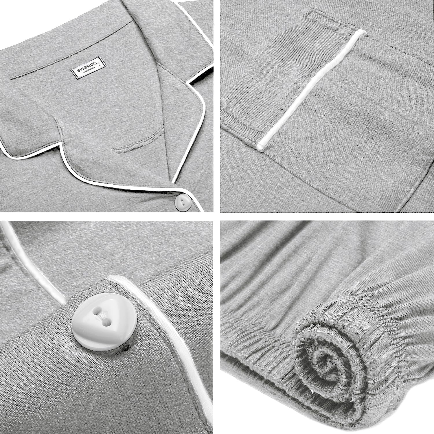 image:imageSWOMOG 100 Cotton Mens Pajama Set Short Sleeve Sleepwear Button Down Loungewear 2 PCS Cotton Pjs Set with PocketsGrey