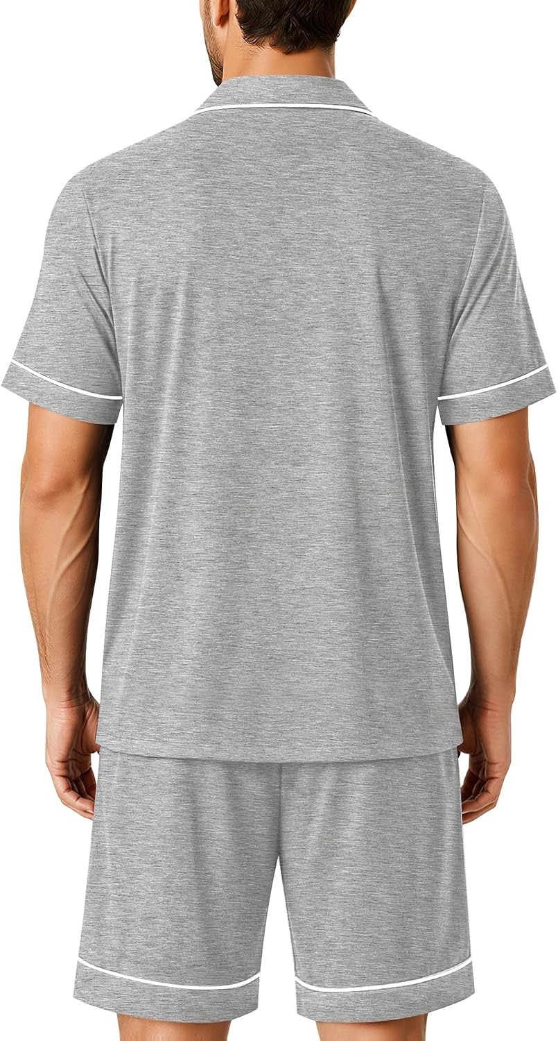 image:imageSWOMOG 100 Cotton Mens Pajama Set Short Sleeve Sleepwear Button Down Loungewear 2 PCS Cotton Pjs Set with PocketsGrey