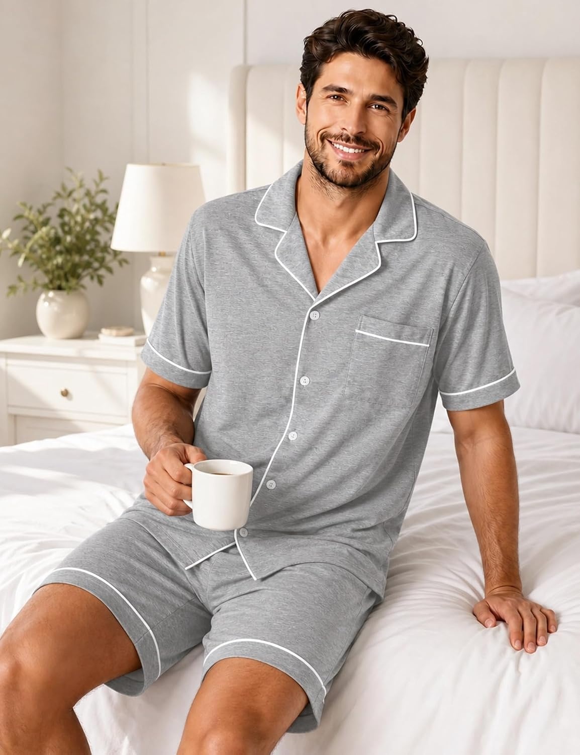 image:imageSWOMOG 100 Cotton Mens Pajama Set Short Sleeve Sleepwear Button Down Loungewear 2 PCS Cotton Pjs Set with PocketsGrey