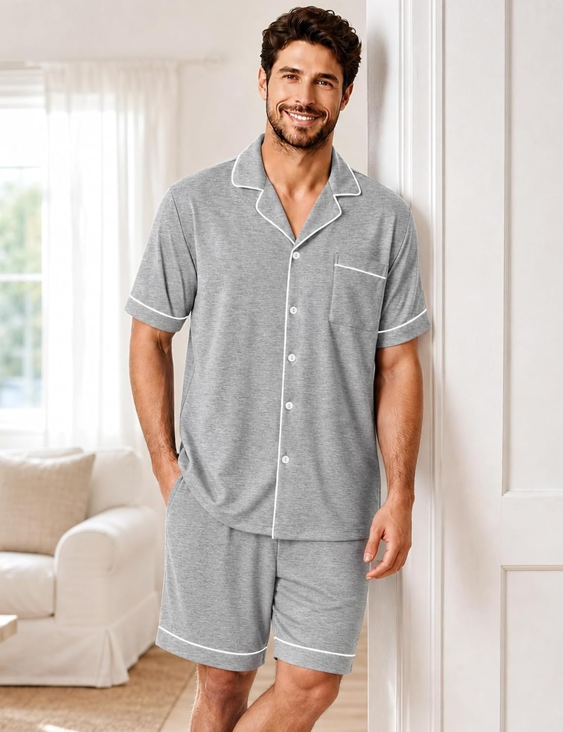 image:imageSWOMOG 100 Cotton Mens Pajama Set Short Sleeve Sleepwear Button Down Loungewear 2 PCS Cotton Pjs Set with PocketsGrey