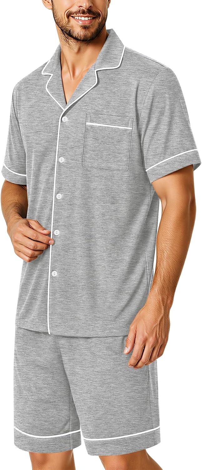 image:imageSWOMOG 100 Cotton Mens Pajama Set Short Sleeve Sleepwear Button Down Loungewear 2 PCS Cotton Pjs Set with PocketsGrey