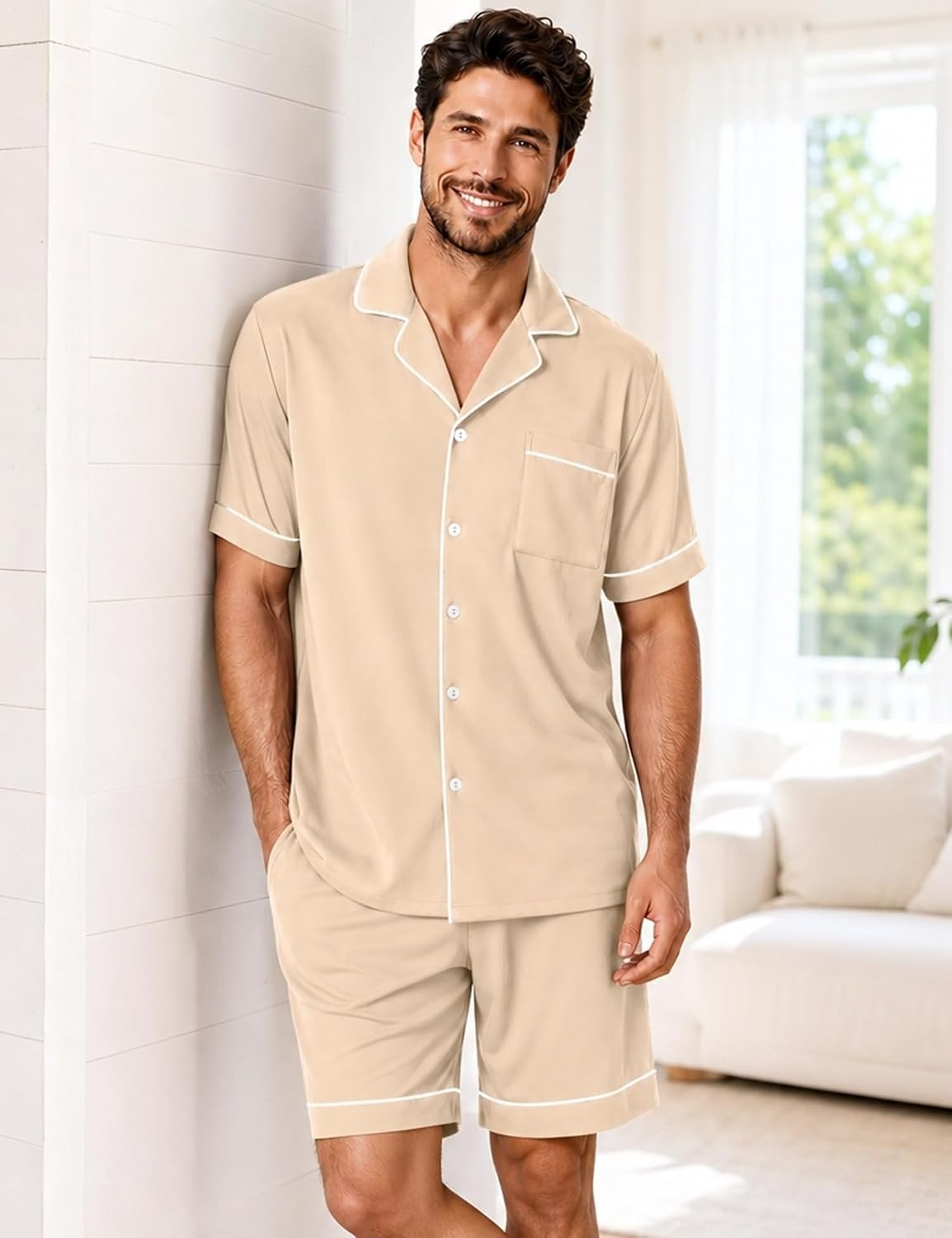 image:imageSWOMOG 100 Cotton Mens Pajama Set Short Sleeve Sleepwear Button Down Loungewear 2 PCS Cotton Pjs Set with PocketsKhaki