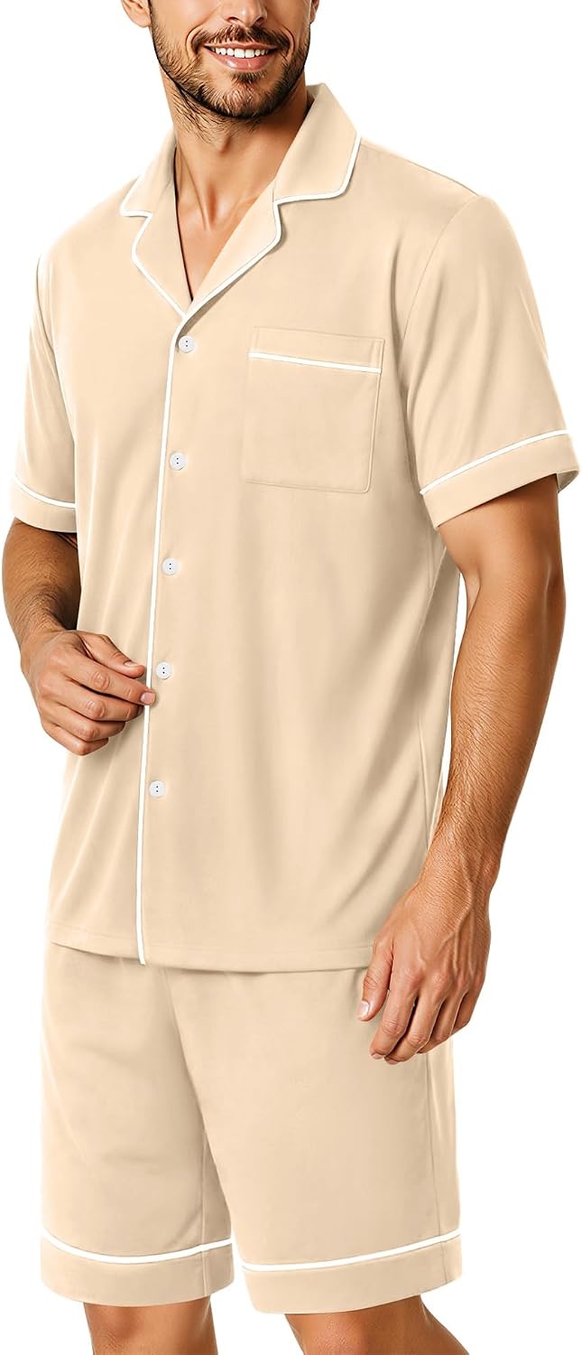 image:imageSWOMOG 100 Cotton Mens Pajama Set Short Sleeve Sleepwear Button Down Loungewear 2 PCS Cotton Pjs Set with PocketsKhaki