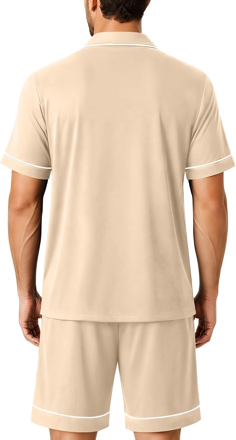 image:imageSWOMOG 100 Cotton Mens Pajama Set Short Sleeve Sleepwear Button Down Loungewear 2 PCS Cotton Pjs Set with PocketsKhaki