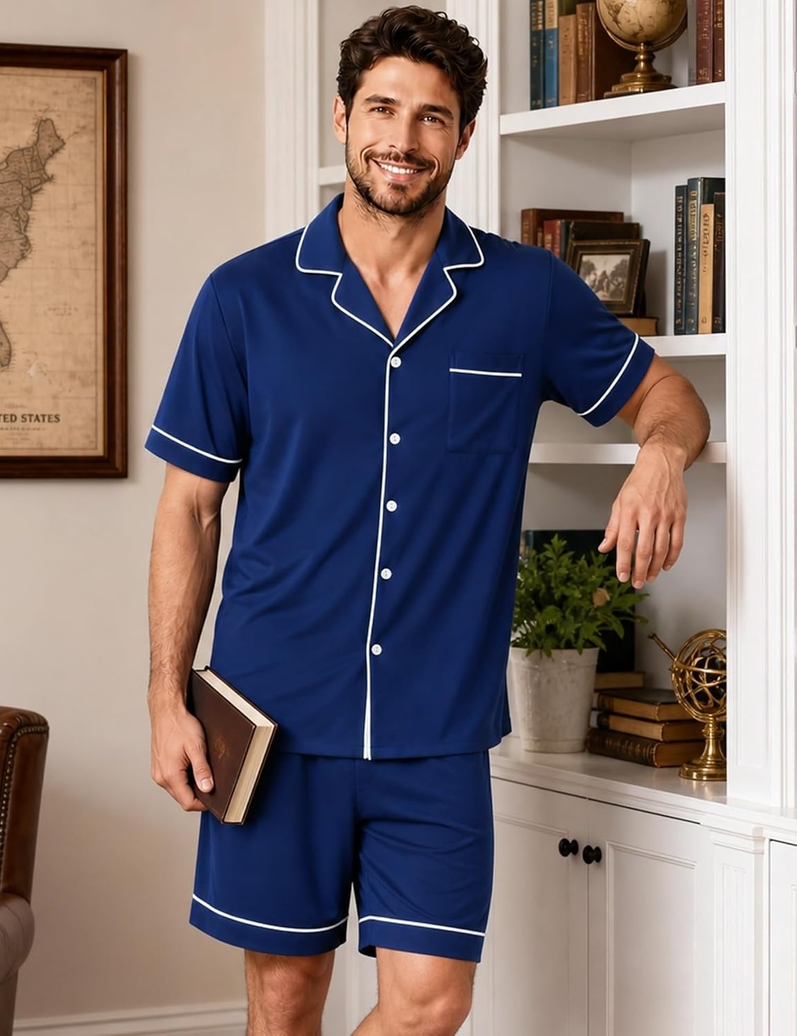 image:imageSWOMOG 100 Cotton Mens Pajama Set Short Sleeve Sleepwear Button Down Loungewear 2 PCS Cotton Pjs Set with PocketsNavy Blue