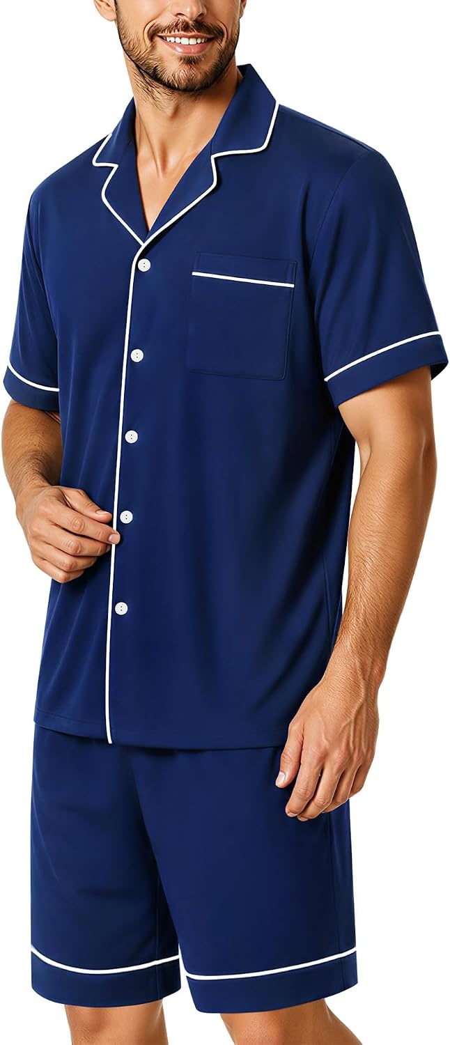 image:imageSWOMOG 100 Cotton Mens Pajama Set Short Sleeve Sleepwear Button Down Loungewear 2 PCS Cotton Pjs Set with PocketsNavy Blue