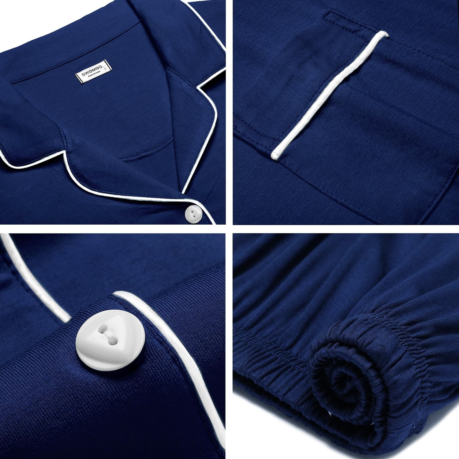 image:imageSWOMOG 100 Cotton Mens Pajama Set Short Sleeve Sleepwear Button Down Loungewear 2 PCS Cotton Pjs Set with PocketsNavy Blue