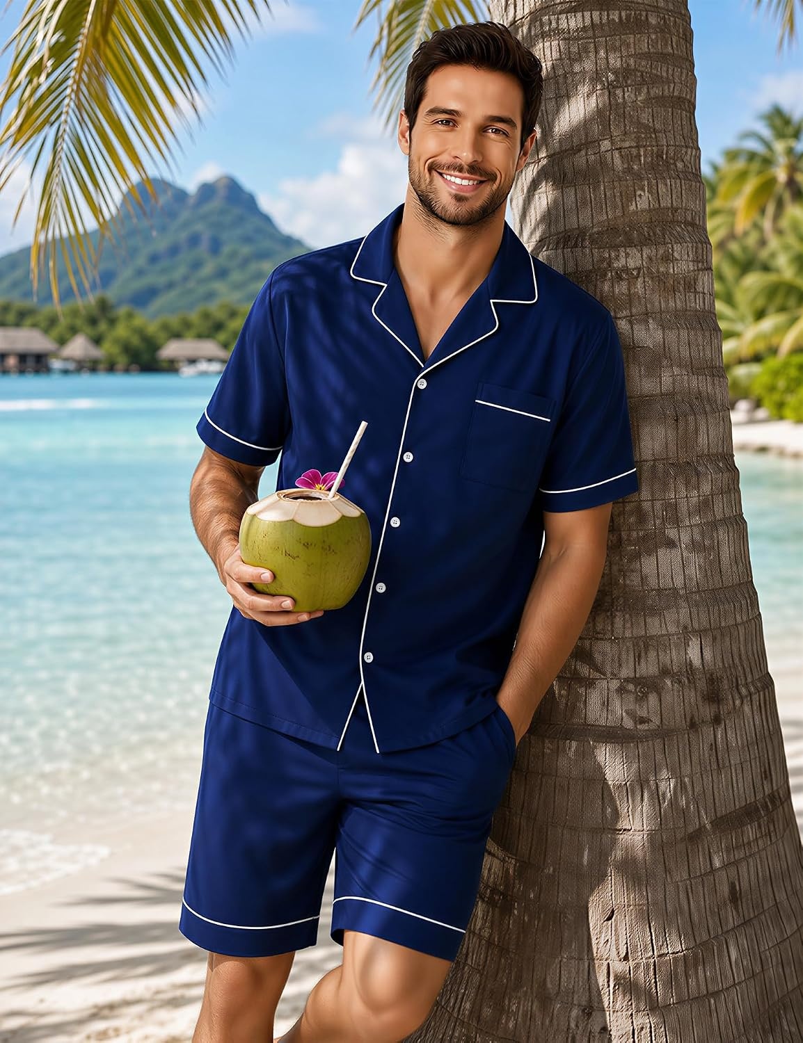 image:imageSWOMOG 100 Cotton Mens Pajama Set Short Sleeve Sleepwear Button Down Loungewear 2 PCS Cotton Pjs Set with PocketsNavy Blue