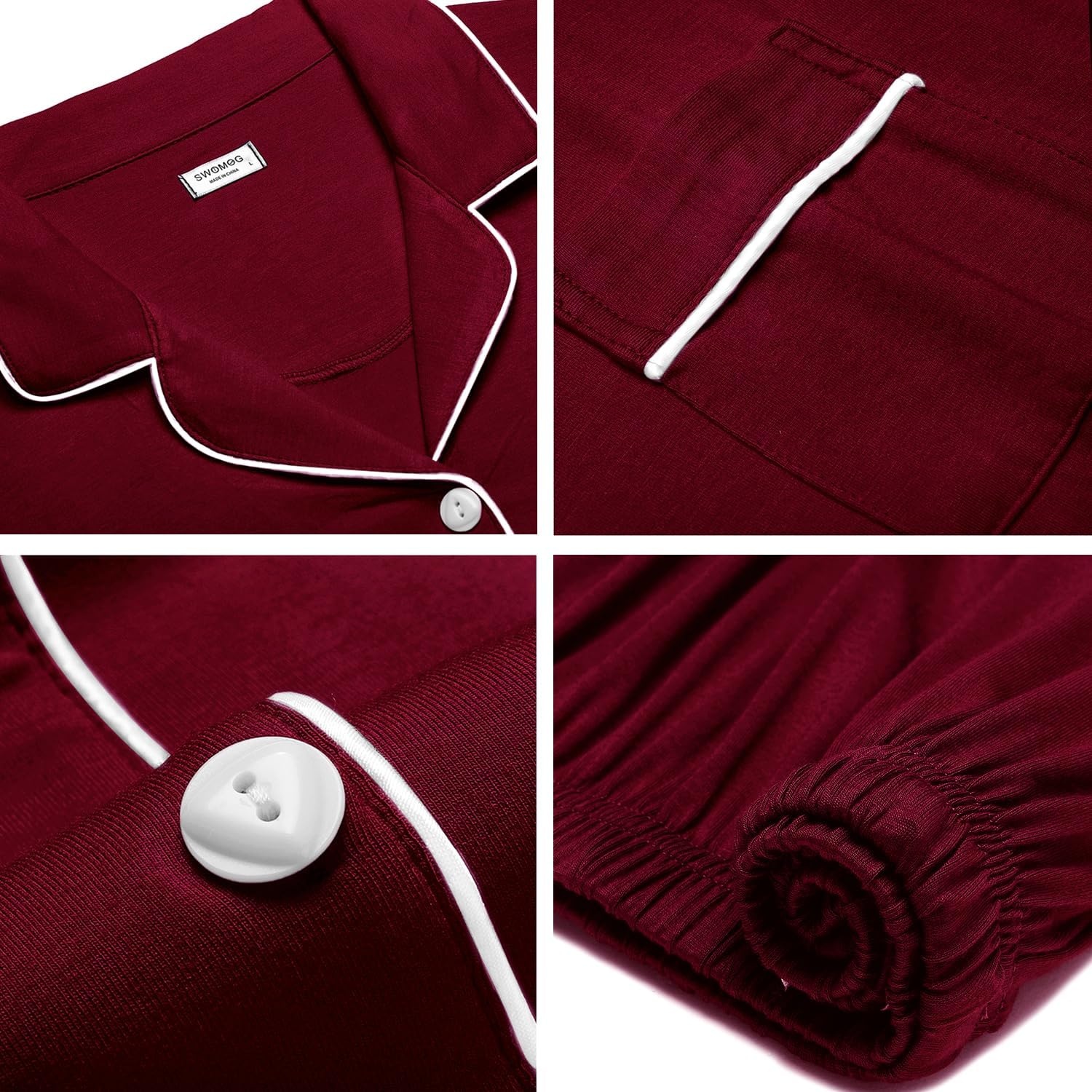 image:imageSWOMOG 100 Cotton Mens Pajama Set Short Sleeve Sleepwear Button Down Loungewear 2 PCS Cotton Pjs Set with PocketsWine Red