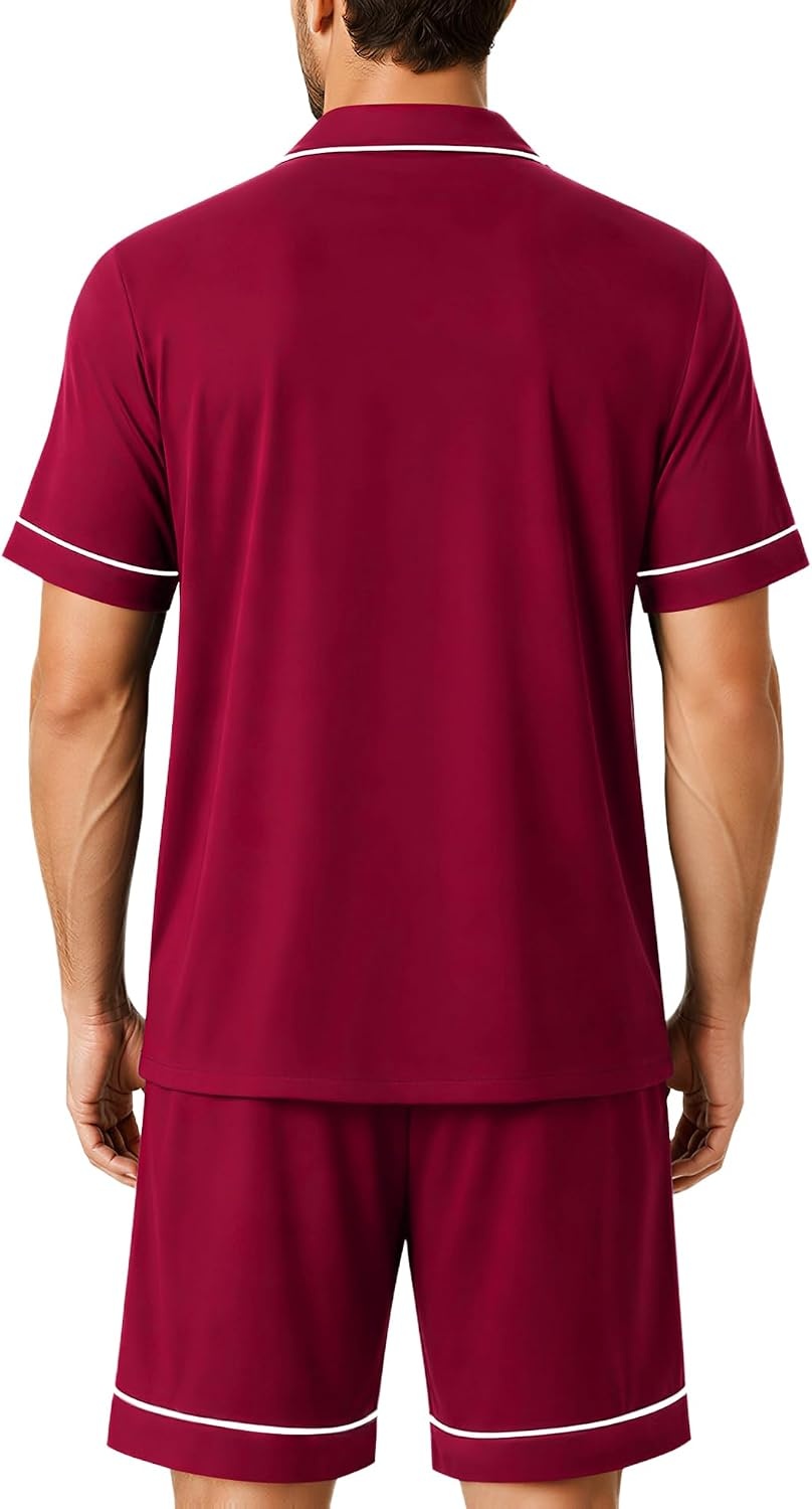 image:imageSWOMOG 100 Cotton Mens Pajama Set Short Sleeve Sleepwear Button Down Loungewear 2 PCS Cotton Pjs Set with PocketsWine Red
