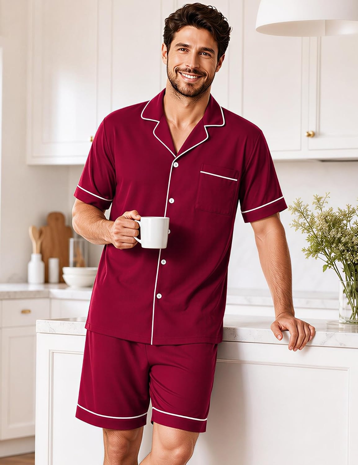image:imageSWOMOG 100 Cotton Mens Pajama Set Short Sleeve Sleepwear Button Down Loungewear 2 PCS Cotton Pjs Set with PocketsWine Red