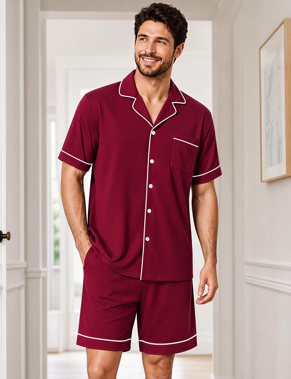 image:imageSWOMOG 100 Cotton Mens Pajama Set Short Sleeve Sleepwear Button Down Loungewear 2 PCS Cotton Pjs Set with PocketsWine Red