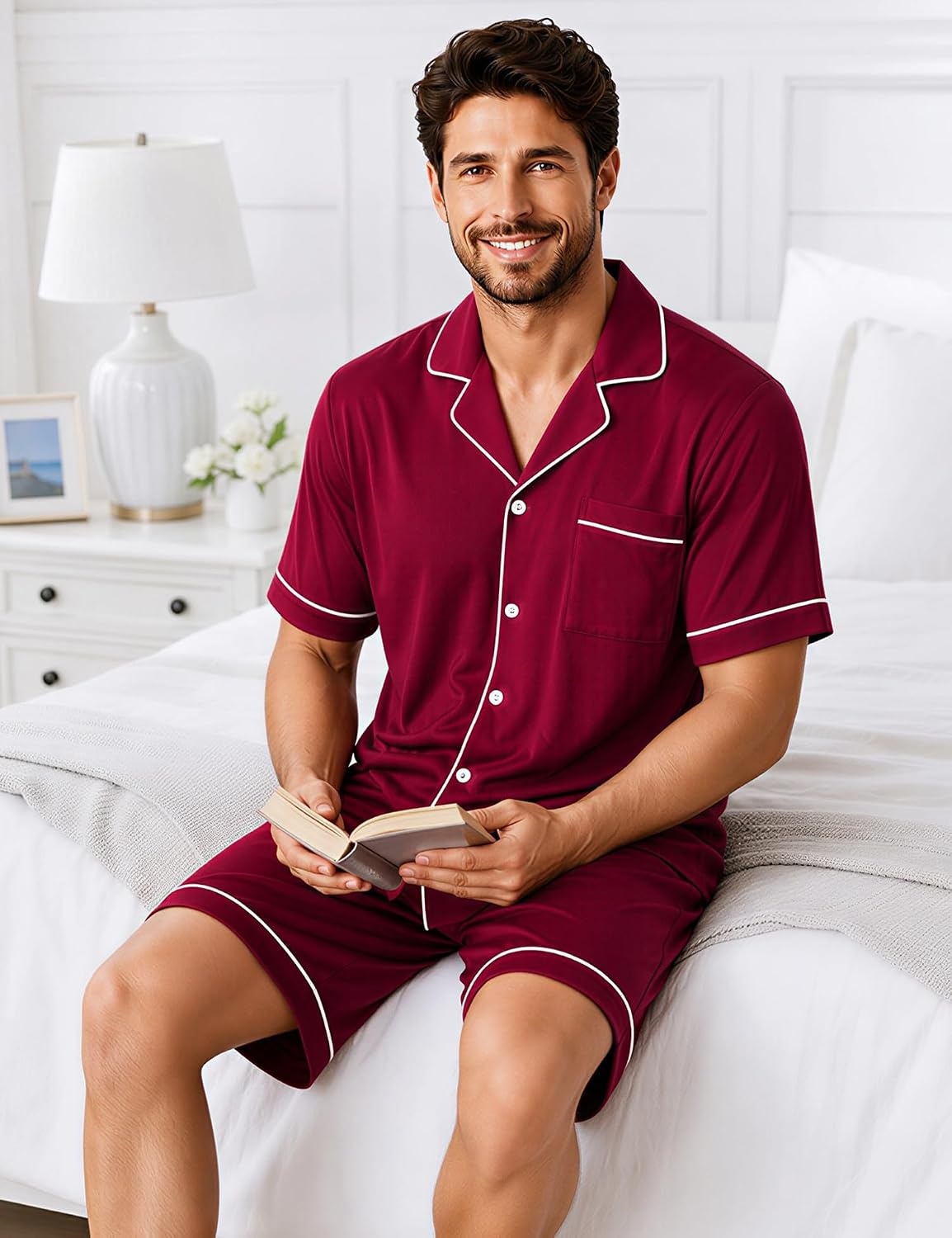 image:imageSWOMOG 100 Cotton Mens Pajama Set Short Sleeve Sleepwear Button Down Loungewear 2 PCS Cotton Pjs Set with PocketsWine Red