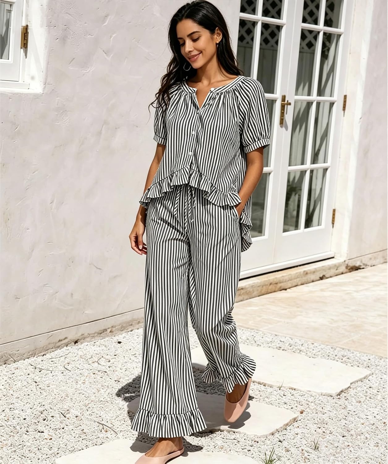 image:imageSWOMOG Cotton Pajamas For Women Set Gingham 2 Piece Button Down Puff Sleeve Babydoll Shirt Ruffle Pants Stripe Pjs Lounge SetBlack Stripe