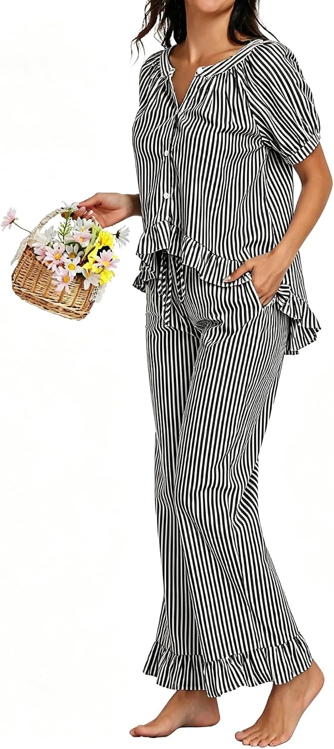 image:imageSWOMOG Cotton Pajamas For Women Set Gingham 2 Piece Button Down Puff Sleeve Babydoll Shirt Ruffle Pants Stripe Pjs Lounge SetBlack Stripe