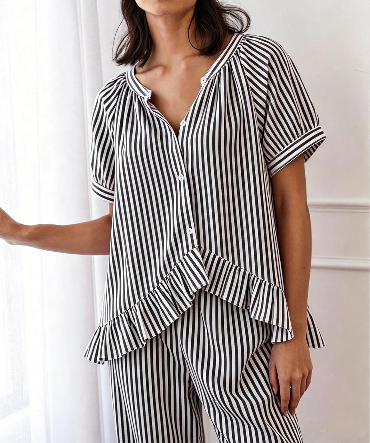 image:imageSWOMOG Cotton Pajamas For Women Set Gingham 2 Piece Button Down Puff Sleeve Babydoll Shirt Ruffle Pants Stripe Pjs Lounge SetBlack Stripe