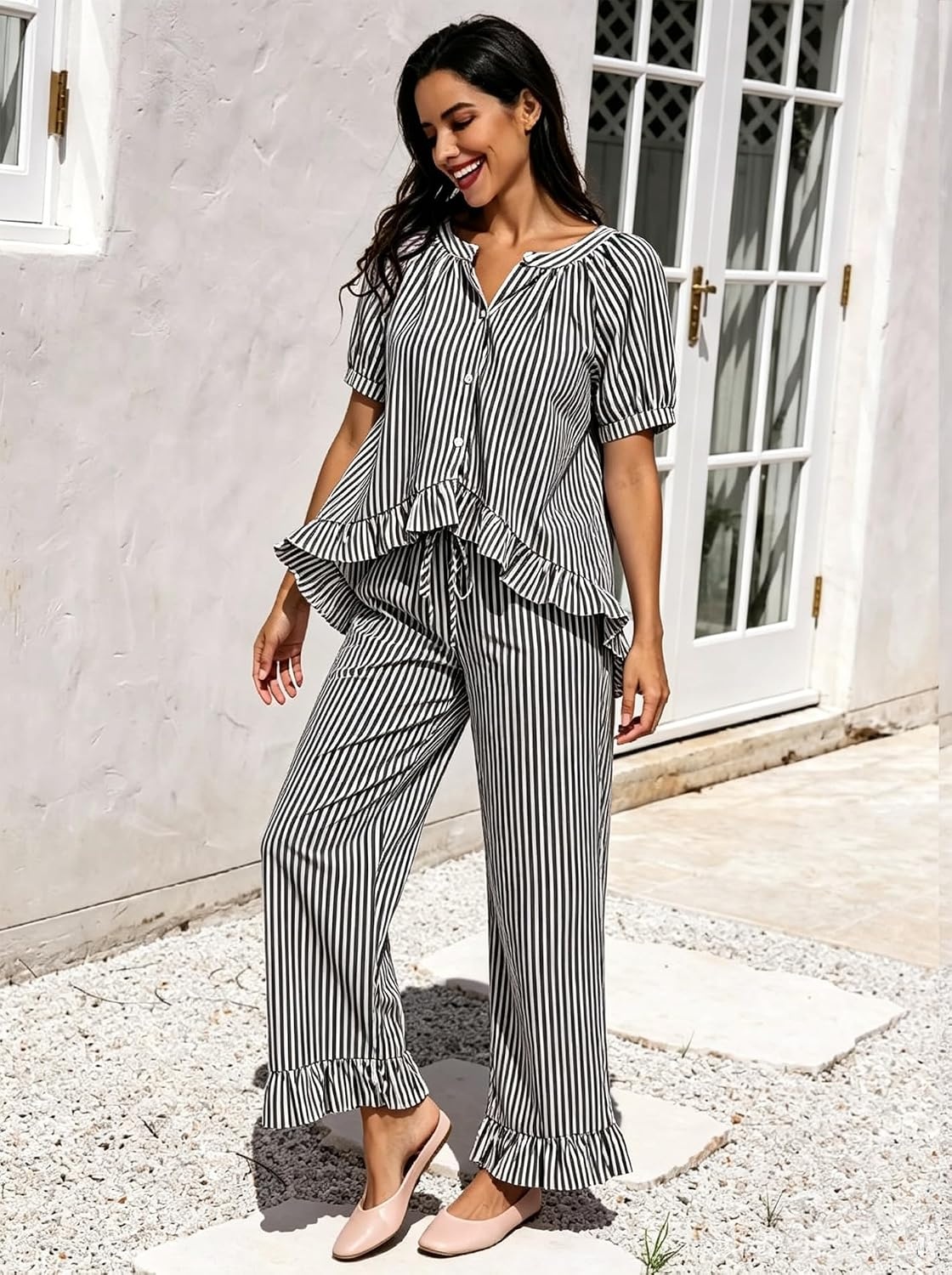 image:imageSWOMOG Cotton Pajamas For Women Set Gingham 2 Piece Button Down Puff Sleeve Babydoll Shirt Ruffle Pants Stripe Pjs Lounge SetBlack Stripe