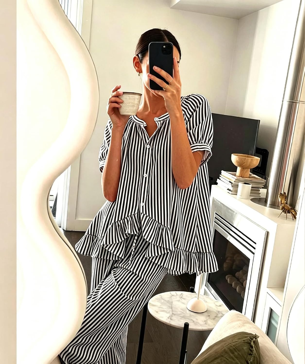 image:imageSWOMOG Cotton Pajamas For Women Set Gingham 2 Piece Button Down Puff Sleeve Babydoll Shirt Ruffle Pants Stripe Pjs Lounge SetBlack Stripe
