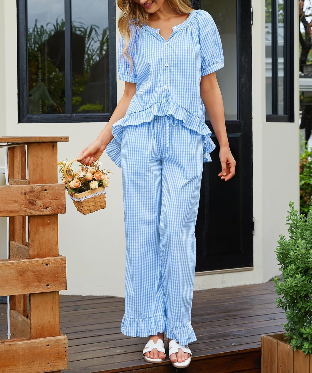 image:imageSWOMOG Cotton Pajamas For Women Set Gingham 2 Piece Button Down Puff Sleeve Babydoll Shirt Ruffle Pants Stripe Pjs Lounge SetBlue Gingham