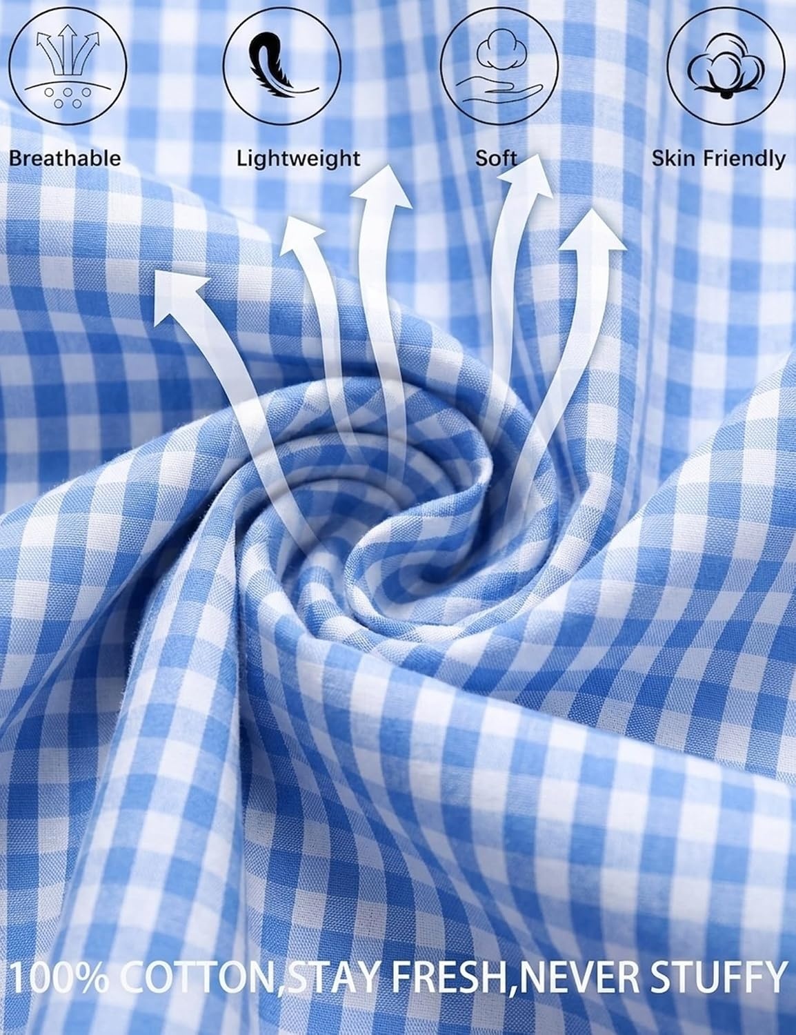 image:imageSWOMOG Cotton Pajamas For Women Set Gingham 2 Piece Button Down Puff Sleeve Babydoll Shirt Ruffle Pants Stripe Pjs Lounge SetBlue Gingham