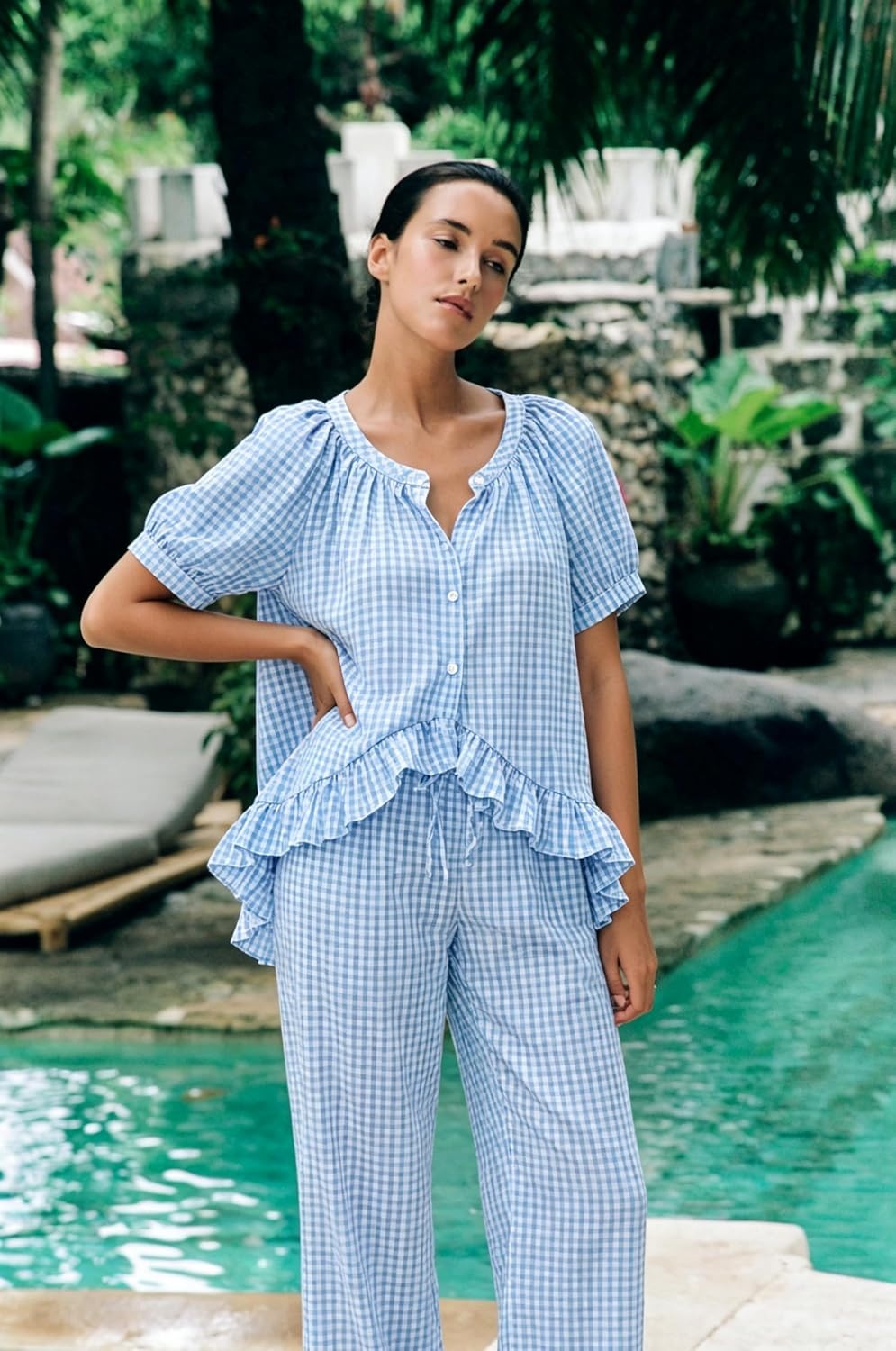 image:imageSWOMOG Cotton Pajamas For Women Set Gingham 2 Piece Button Down Puff Sleeve Babydoll Shirt Ruffle Pants Stripe Pjs Lounge SetBlue Gingham