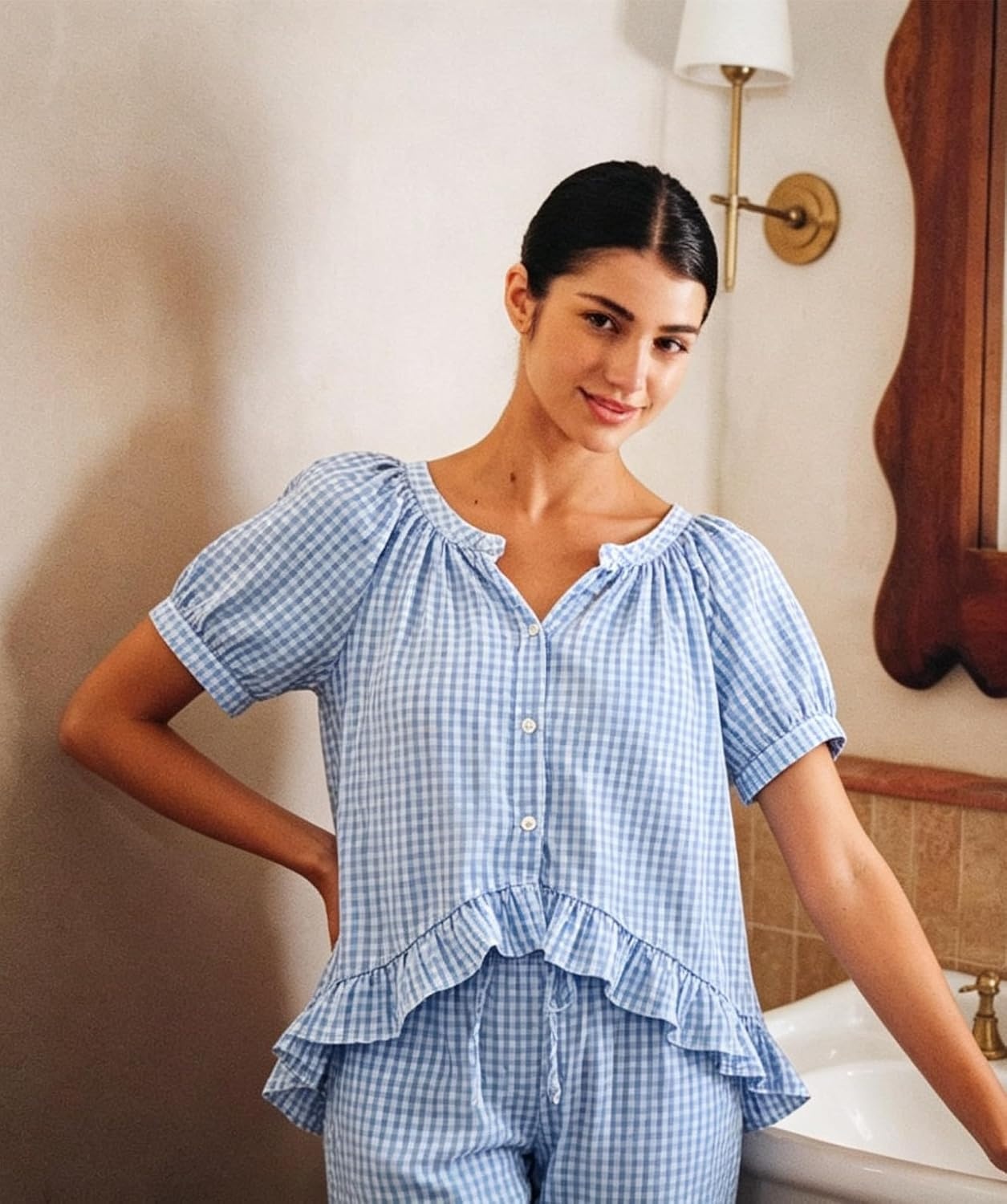 image:imageSWOMOG Cotton Pajamas For Women Set Gingham 2 Piece Button Down Puff Sleeve Babydoll Shirt Ruffle Pants Stripe Pjs Lounge SetBlue Gingham