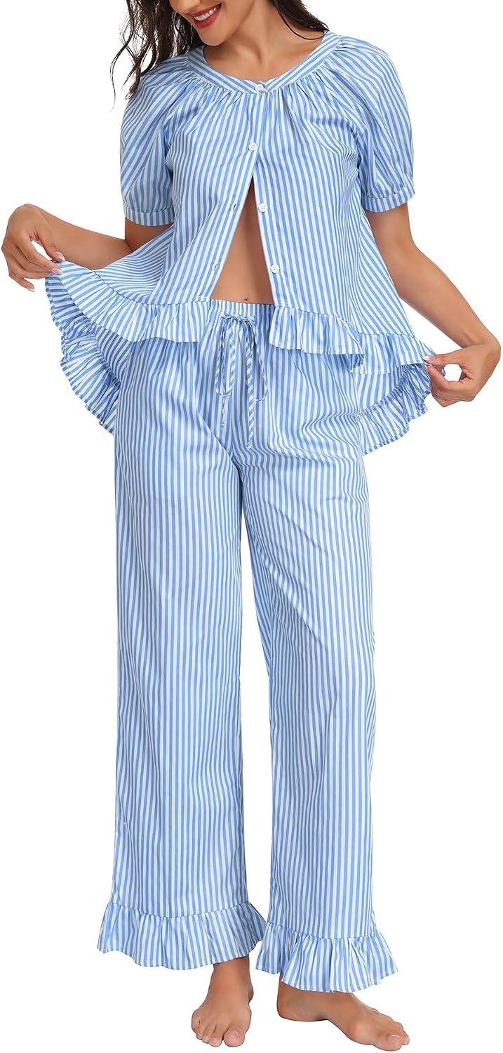 image:imageSWOMOG Cotton Pajamas For Women Set Gingham 2 Piece Button Down Puff Sleeve Babydoll Shirt Ruffle Pants Stripe Pjs Lounge SetBlue Stripe