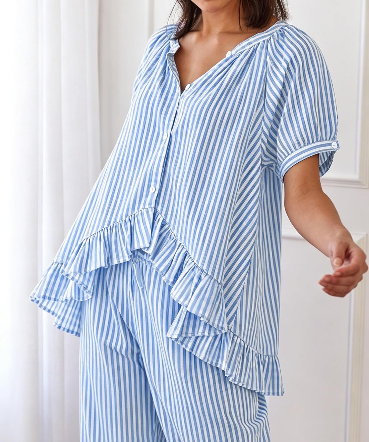 image:imageSWOMOG Cotton Pajamas For Women Set Gingham 2 Piece Button Down Puff Sleeve Babydoll Shirt Ruffle Pants Stripe Pjs Lounge SetBlue Stripe