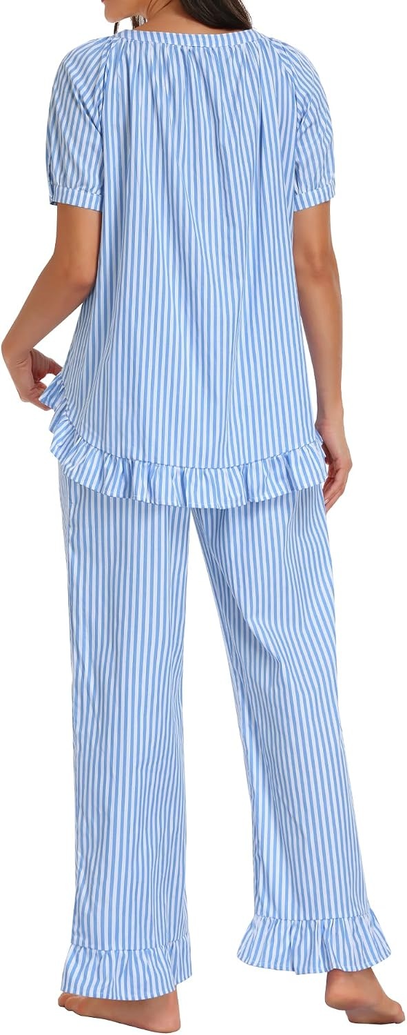 image:imageSWOMOG Cotton Pajamas For Women Set Gingham 2 Piece Button Down Puff Sleeve Babydoll Shirt Ruffle Pants Stripe Pjs Lounge SetBlue Stripe