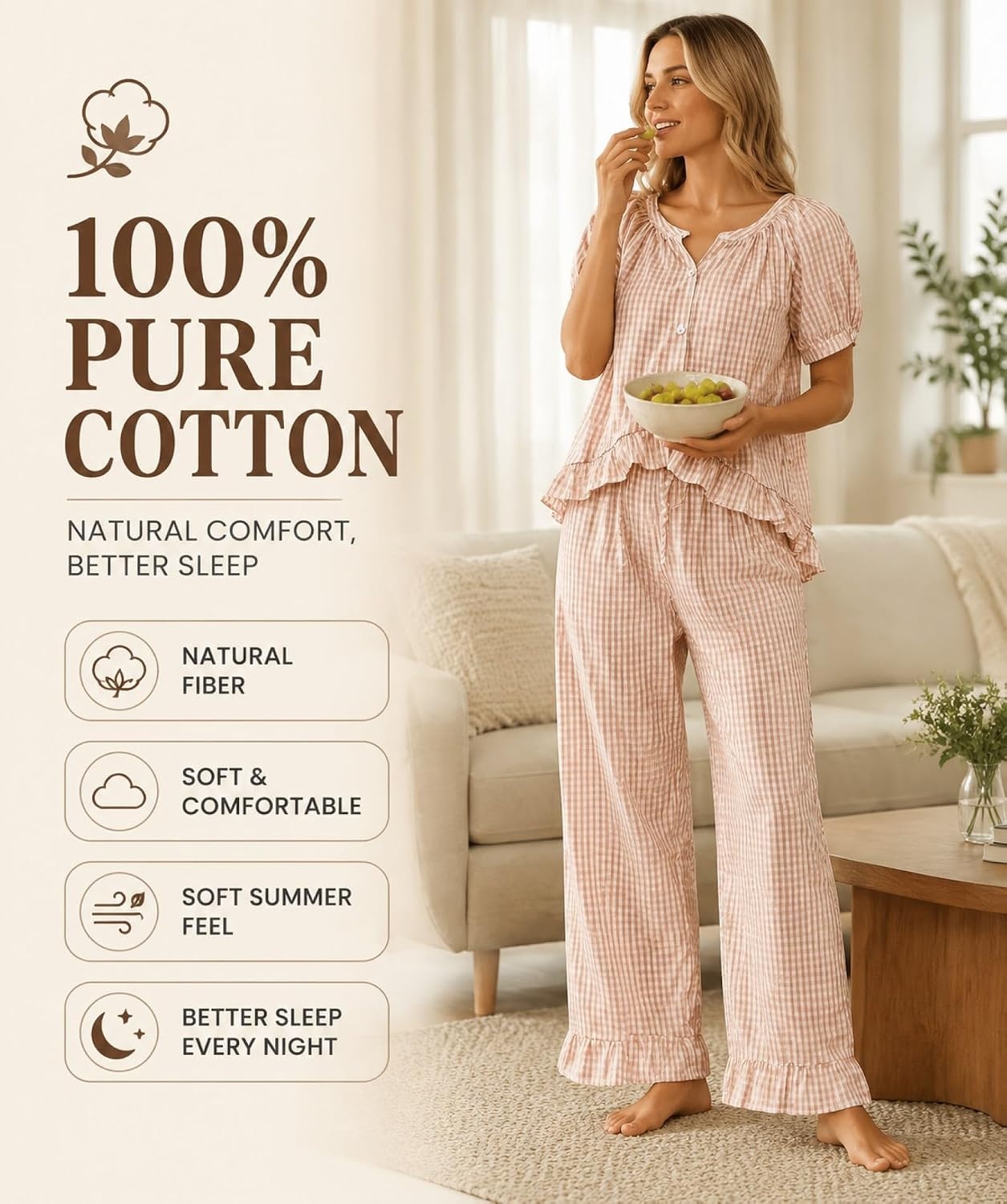 image:imageSWOMOG Cotton Pajamas For Women Set Gingham 2 Piece Button Down Puff Sleeve Babydoll Shirt Ruffle Pants Stripe Pjs Lounge SetBrown Stripe