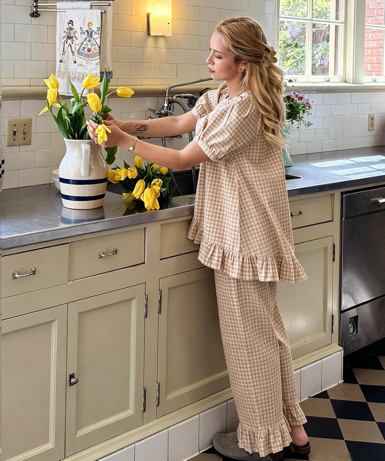 image:imageSWOMOG Cotton Pajamas For Women Set Gingham 2 Piece Button Down Puff Sleeve Babydoll Shirt Ruffle Pants Stripe Pjs Lounge SetBrown Stripe