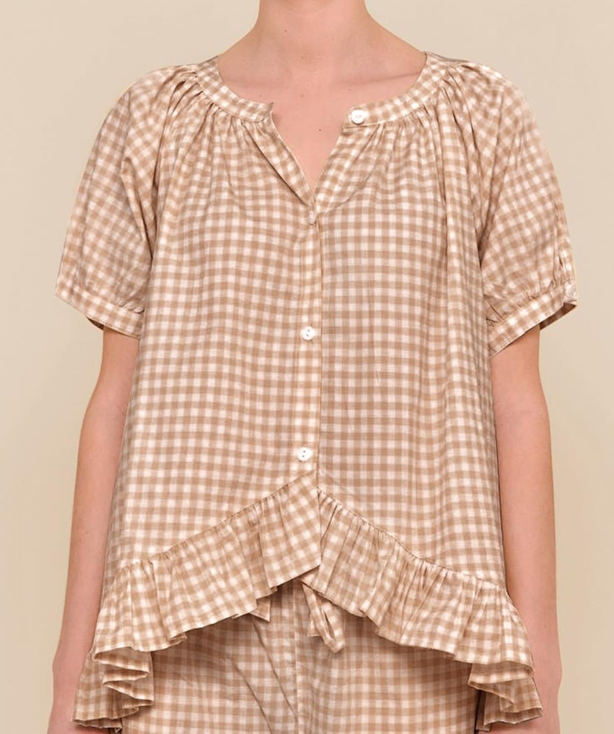 image:imageSWOMOG Cotton Pajamas For Women Set Gingham 2 Piece Button Down Puff Sleeve Babydoll Shirt Ruffle Pants Stripe Pjs Lounge SetBrown Stripe