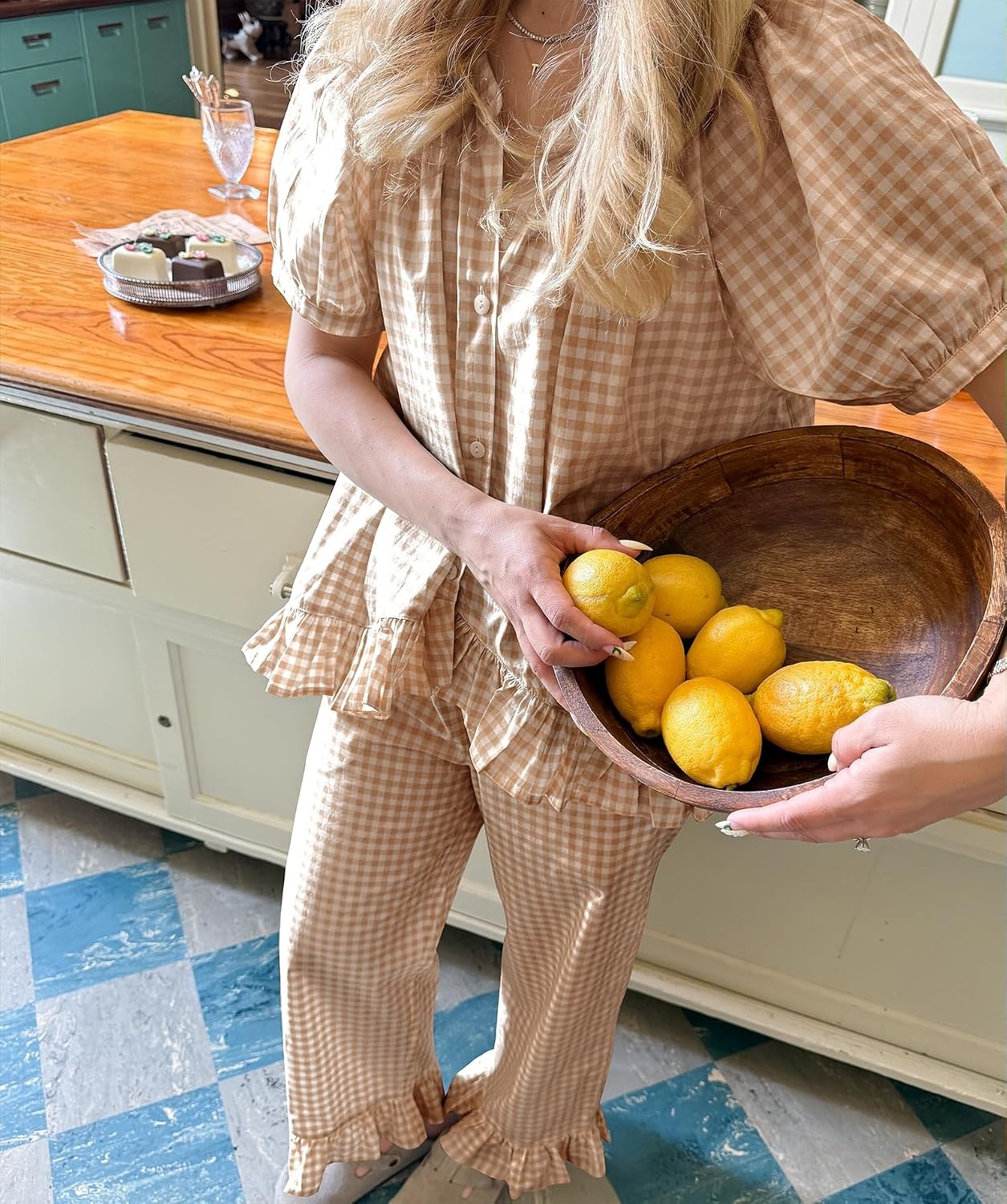 image:imageSWOMOG Cotton Pajamas For Women Set Gingham 2 Piece Button Down Puff Sleeve Babydoll Shirt Ruffle Pants Stripe Pjs Lounge SetBrown Stripe