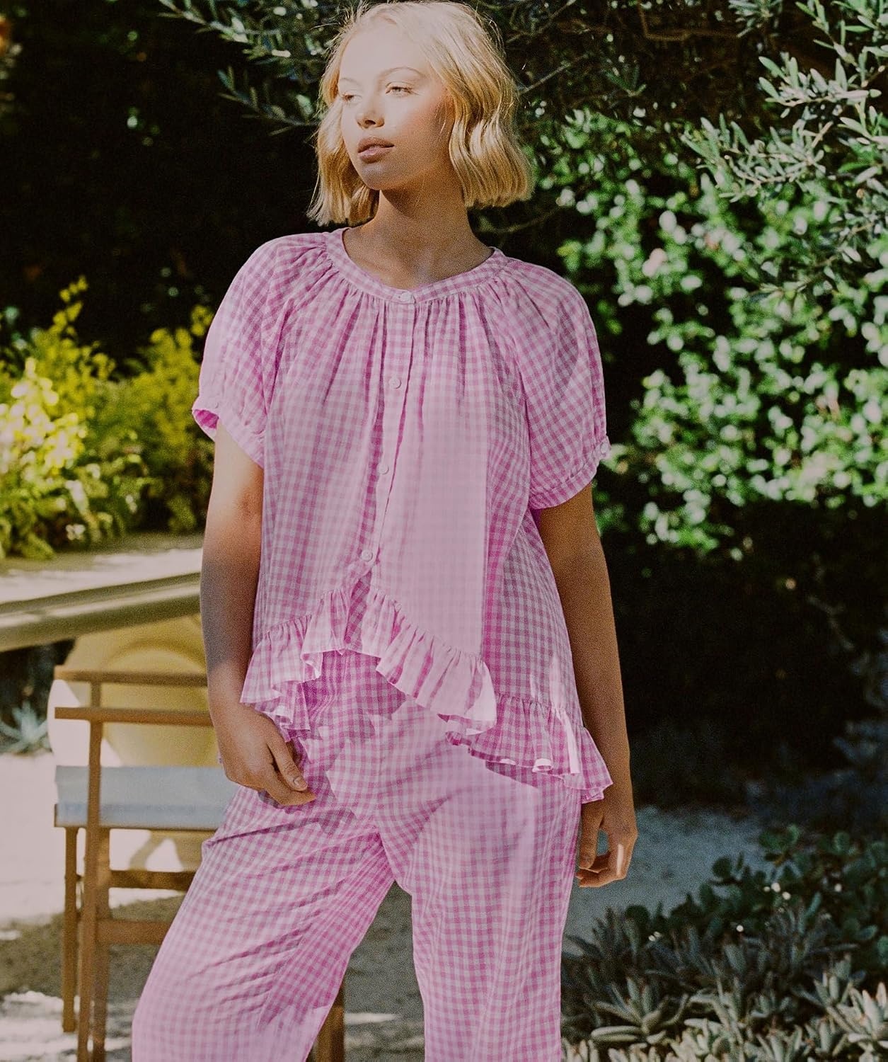 image:imageSWOMOG Cotton Pajamas For Women Set Gingham 2 Piece Button Down Puff Sleeve Babydoll Shirt Ruffle Pants Stripe Pjs Lounge SetPink Gingham