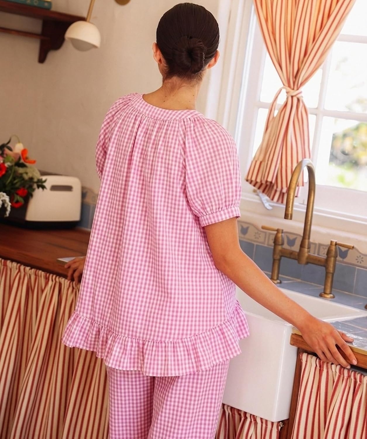 image:imageSWOMOG Cotton Pajamas For Women Set Gingham 2 Piece Button Down Puff Sleeve Babydoll Shirt Ruffle Pants Stripe Pjs Lounge SetPink Gingham