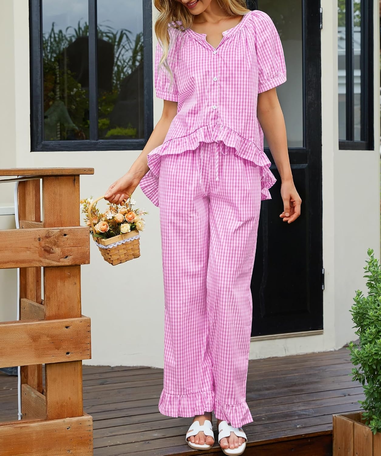 image:imageSWOMOG Cotton Pajamas For Women Set Gingham 2 Piece Button Down Puff Sleeve Babydoll Shirt Ruffle Pants Stripe Pjs Lounge SetPink Gingham