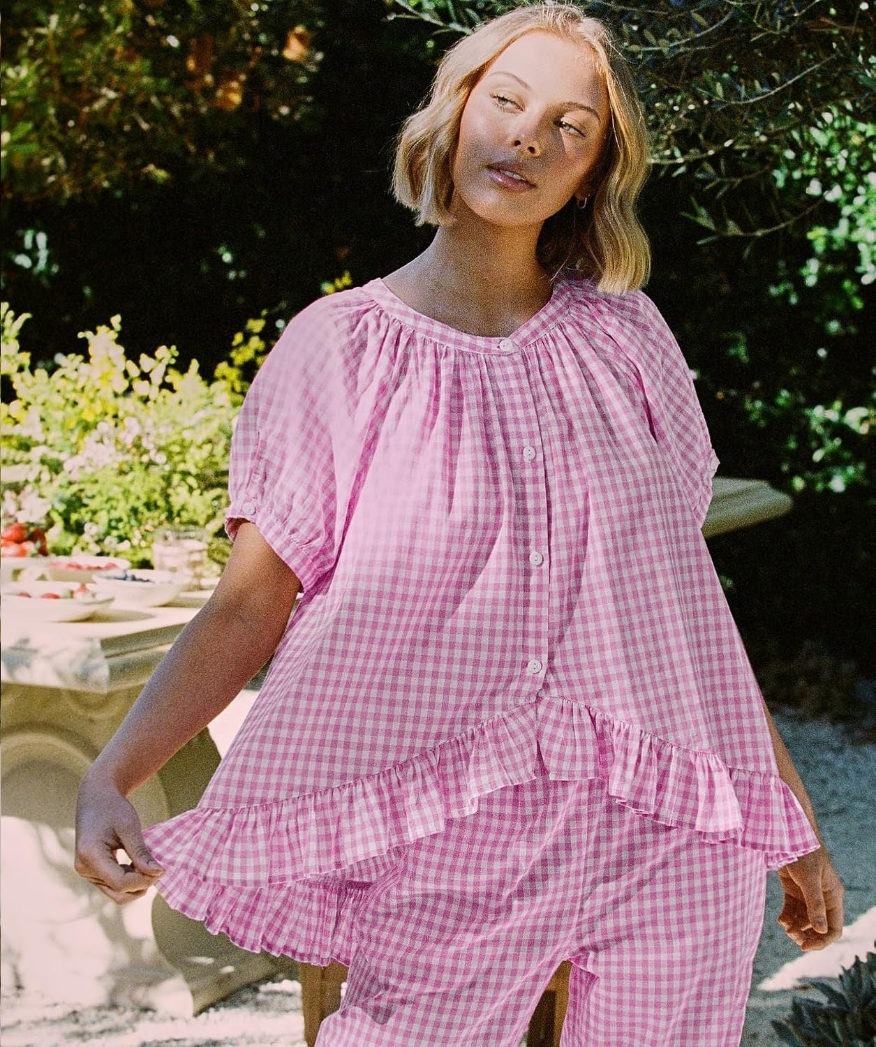 image:imageSWOMOG Cotton Pajamas For Women Set Gingham 2 Piece Button Down Puff Sleeve Babydoll Shirt Ruffle Pants Stripe Pjs Lounge SetPink Gingham