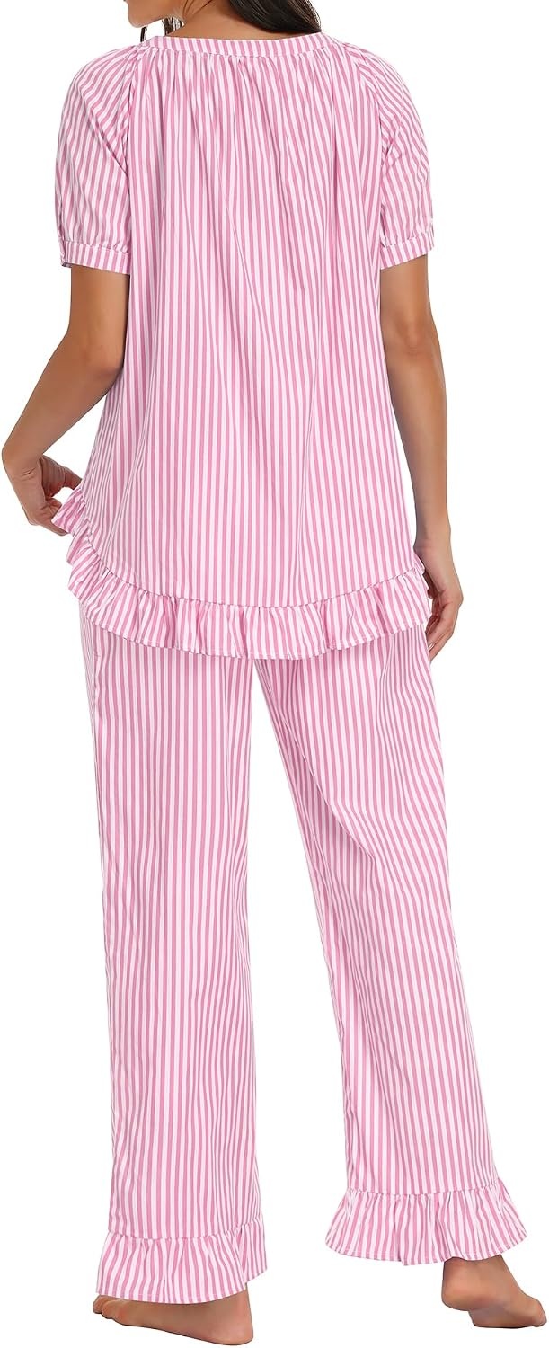 image:imageSWOMOG Cotton Pajamas For Women Set Gingham 2 Piece Button Down Puff Sleeve Babydoll Shirt Ruffle Pants Stripe Pjs Lounge SetPink Stripe