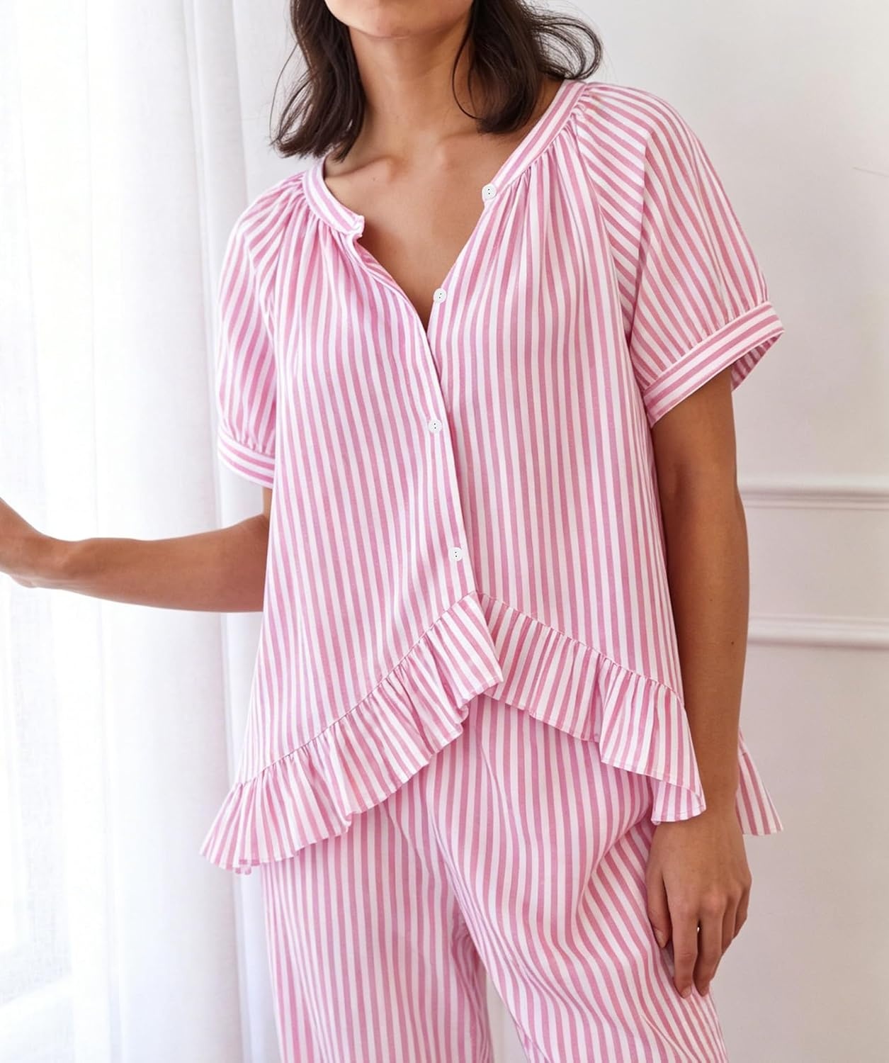 image:imageSWOMOG Cotton Pajamas For Women Set Gingham 2 Piece Button Down Puff Sleeve Babydoll Shirt Ruffle Pants Stripe Pjs Lounge SetPink Stripe