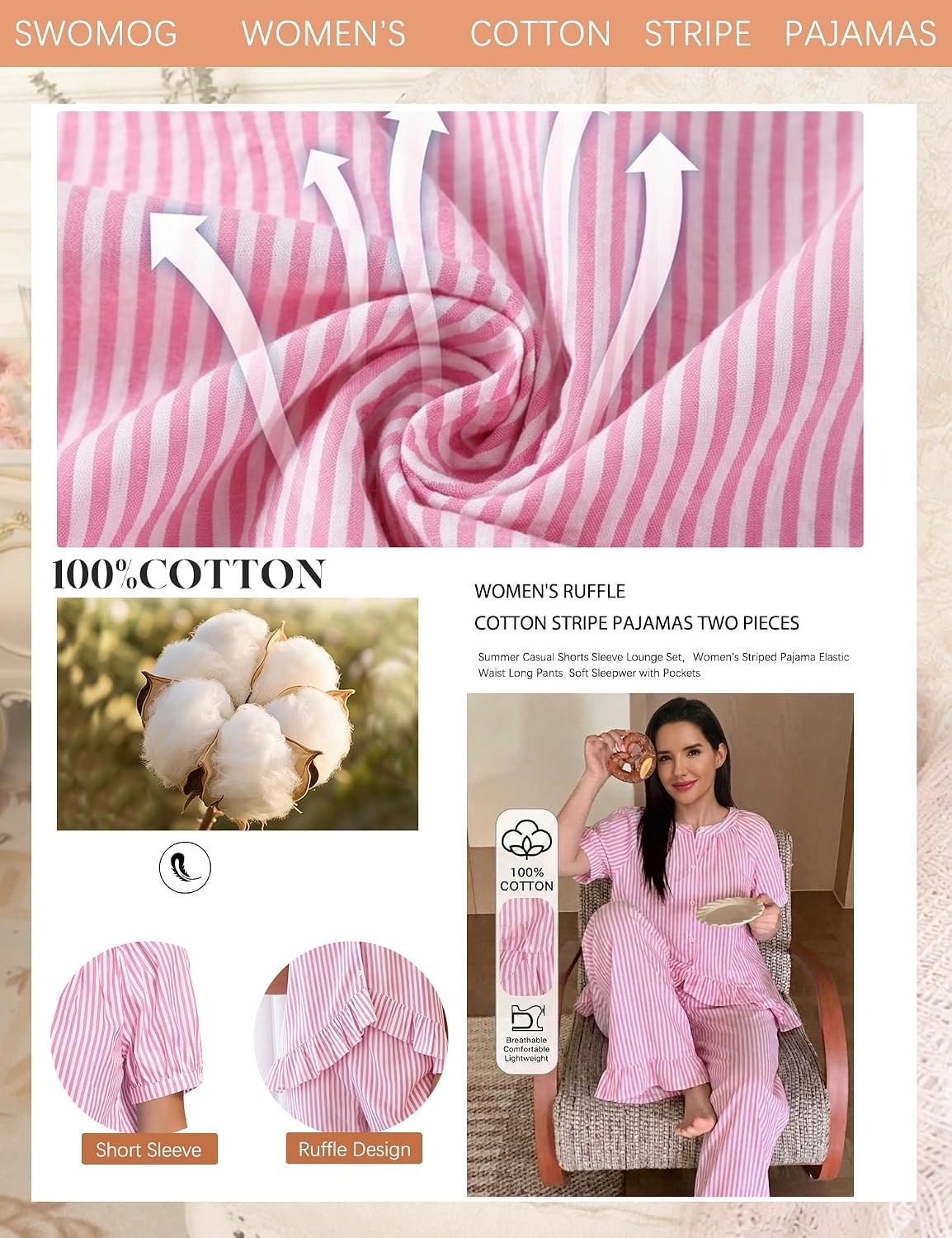 image:imageSWOMOG Cotton Pajamas For Women Set Gingham 2 Piece Button Down Puff Sleeve Babydoll Shirt Ruffle Pants Stripe Pjs Lounge SetPink Stripe