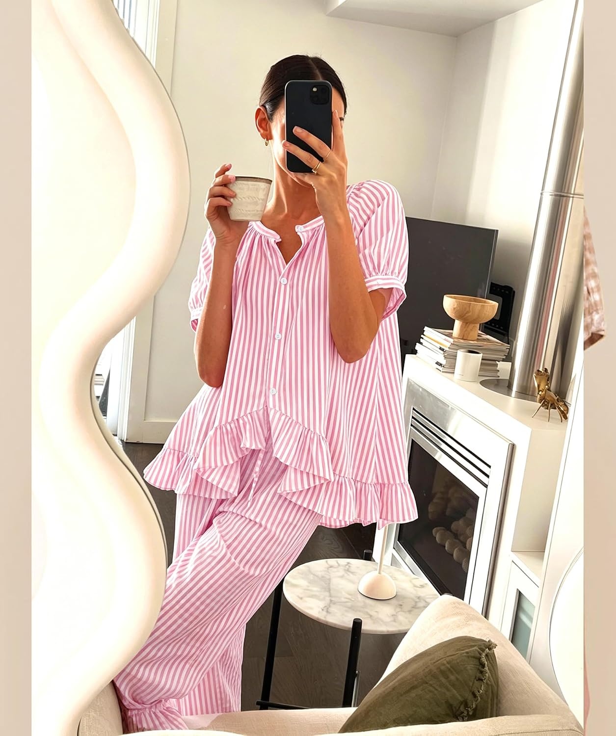 image:imageSWOMOG Cotton Pajamas For Women Set Gingham 2 Piece Button Down Puff Sleeve Babydoll Shirt Ruffle Pants Stripe Pjs Lounge SetPink Stripe
