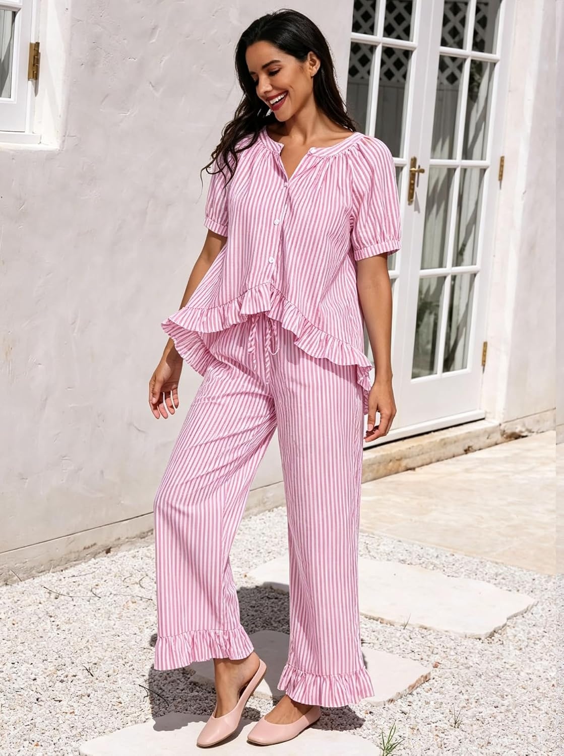 image:imageSWOMOG Cotton Pajamas For Women Set Gingham 2 Piece Button Down Puff Sleeve Babydoll Shirt Ruffle Pants Stripe Pjs Lounge SetPink Stripe